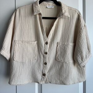Vestique Cream Cotton Gauze Button Down Crop Top Large